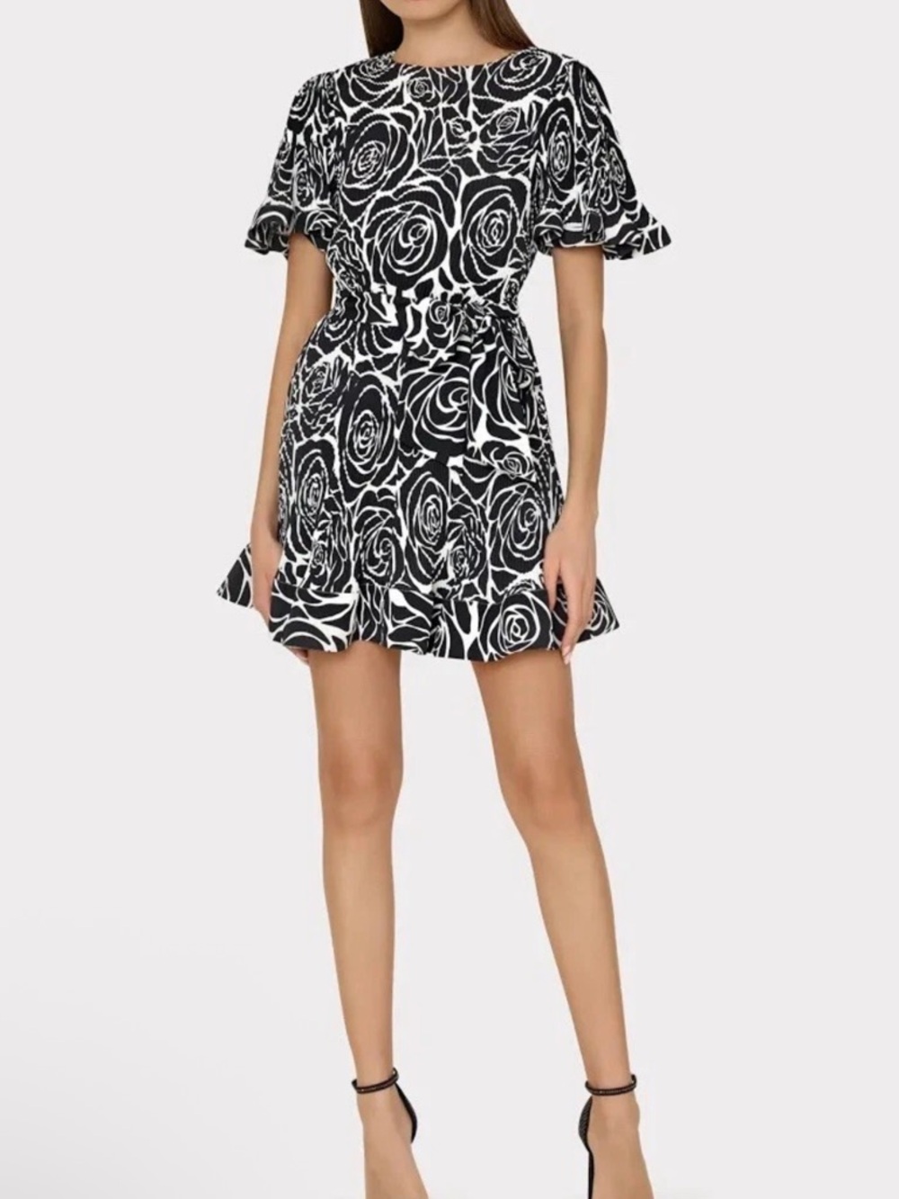 Milly Lumi Pleated Crinkle Black White Rose Printed Mini Dress size 8 $395